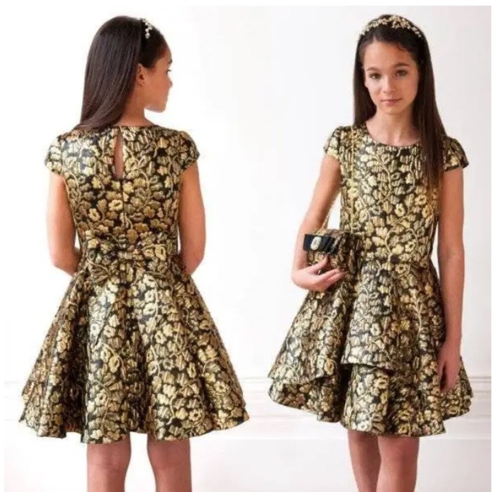 David Charles Gold Leaf Brocade Dress Size 14 Girls Luxury Special Occasion Gown